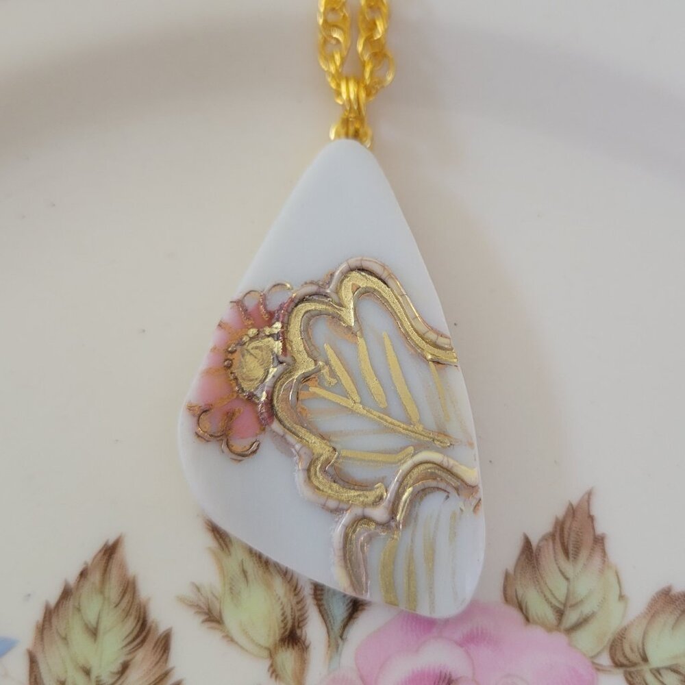 Gold Leaf Antique Broken China Pendant Necklace